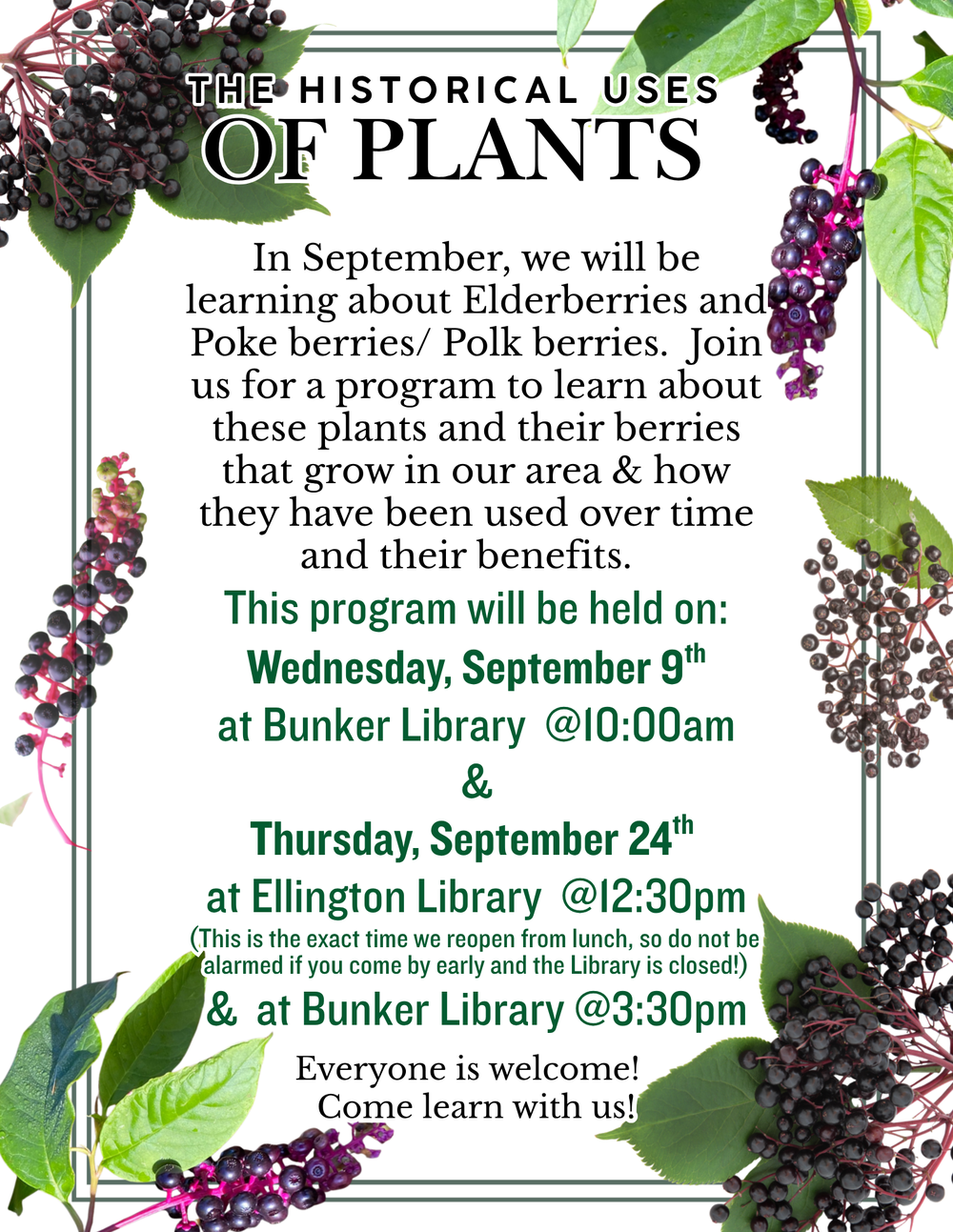 In September, join us to learn about elderberries & poke berries at Bunker and Ellington Libraries.  See the events calendar for dates and times.