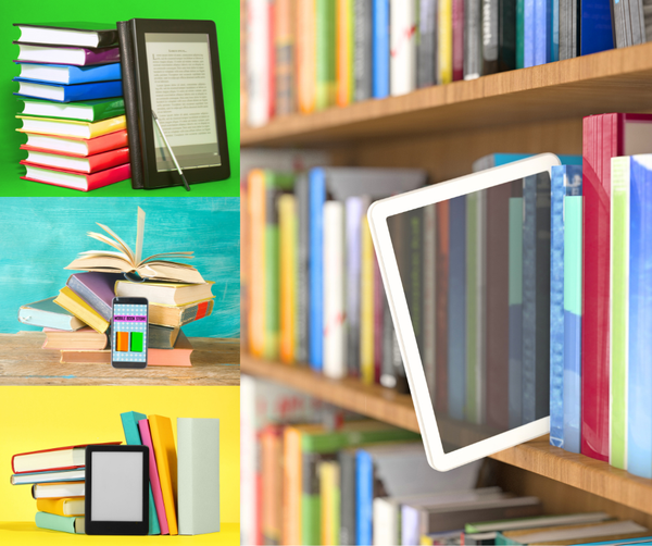 Image depicting an eReader, smart phone, and tablets among library books